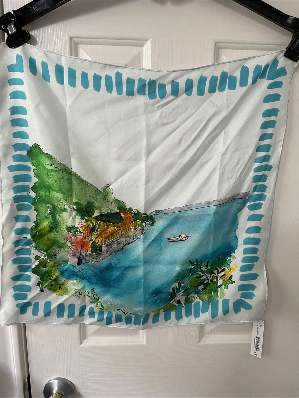 Coastal Watercolor Print Bath Towel in Turquoise and Green